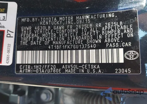 2016 Toyota Camry Se z USA, uszkodzony, nr VIN 4T1BF1FK7GU137540